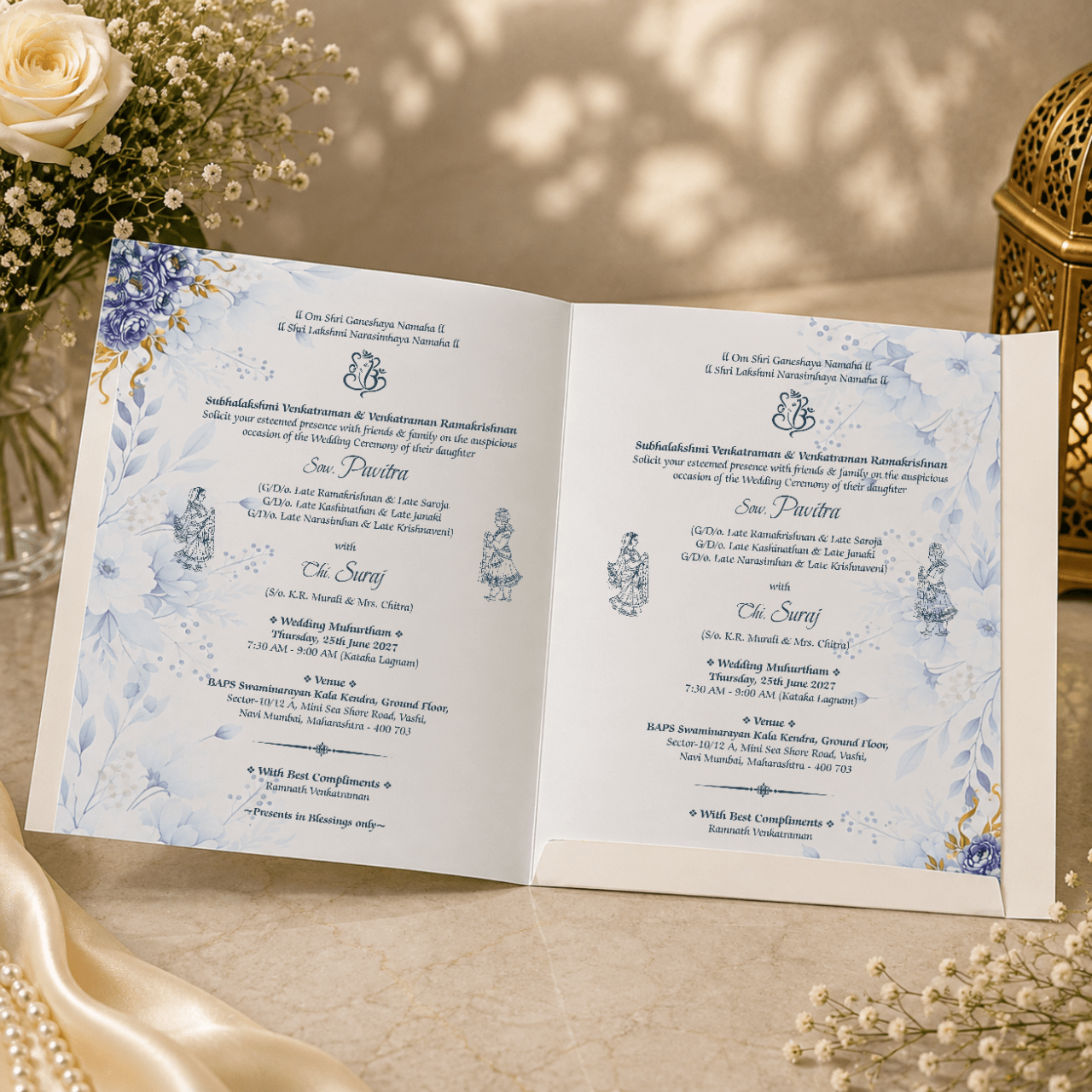 Royal Blue Floral Wedding Card- PRT 14536 - Image 2